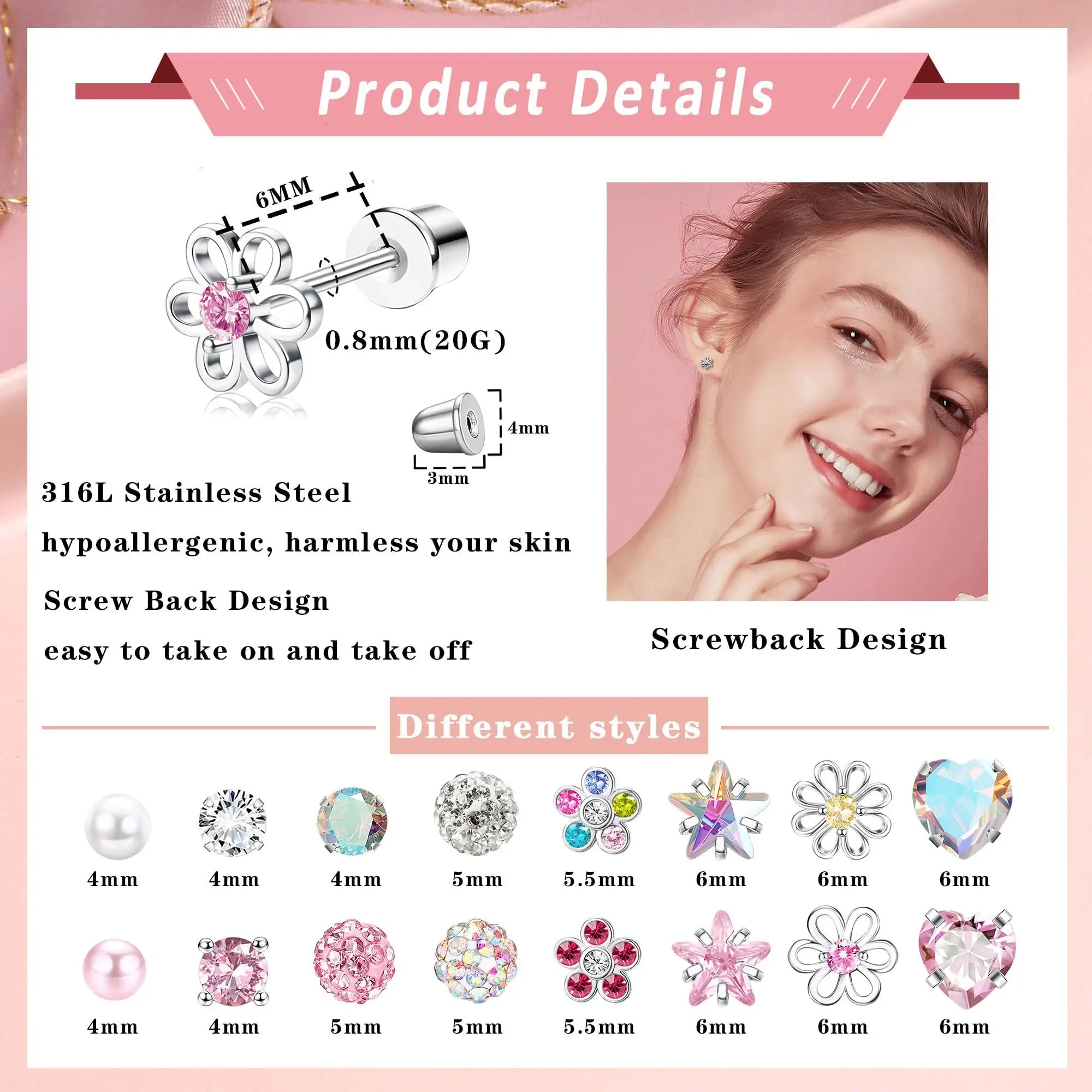 12 Pairs Stainless Steel Earrings Sets Hypoallergenic Screw Back Stud Earrings Cute Heart Tiny Pink Stud Earrings For Women Girl