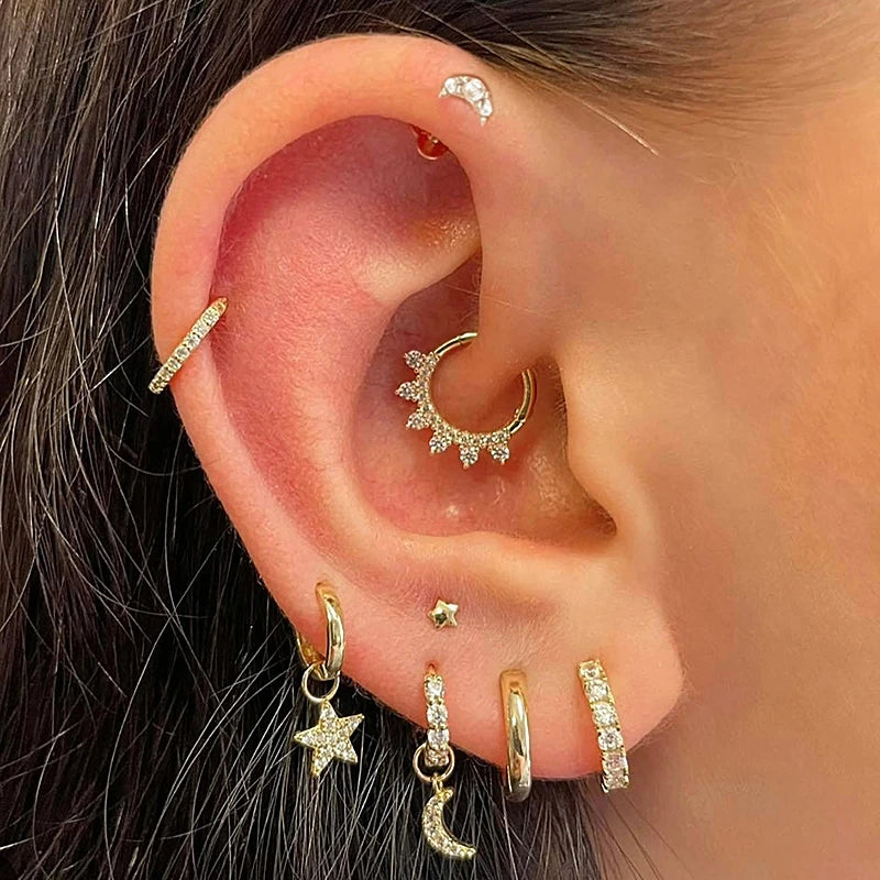 1pc Helix Piercing Earrings Women 2024 Tiny Stars Moon Zircon Gold Color Dainty Ear Hoop Septum Lobe Tragus Body Jewelry Gifts