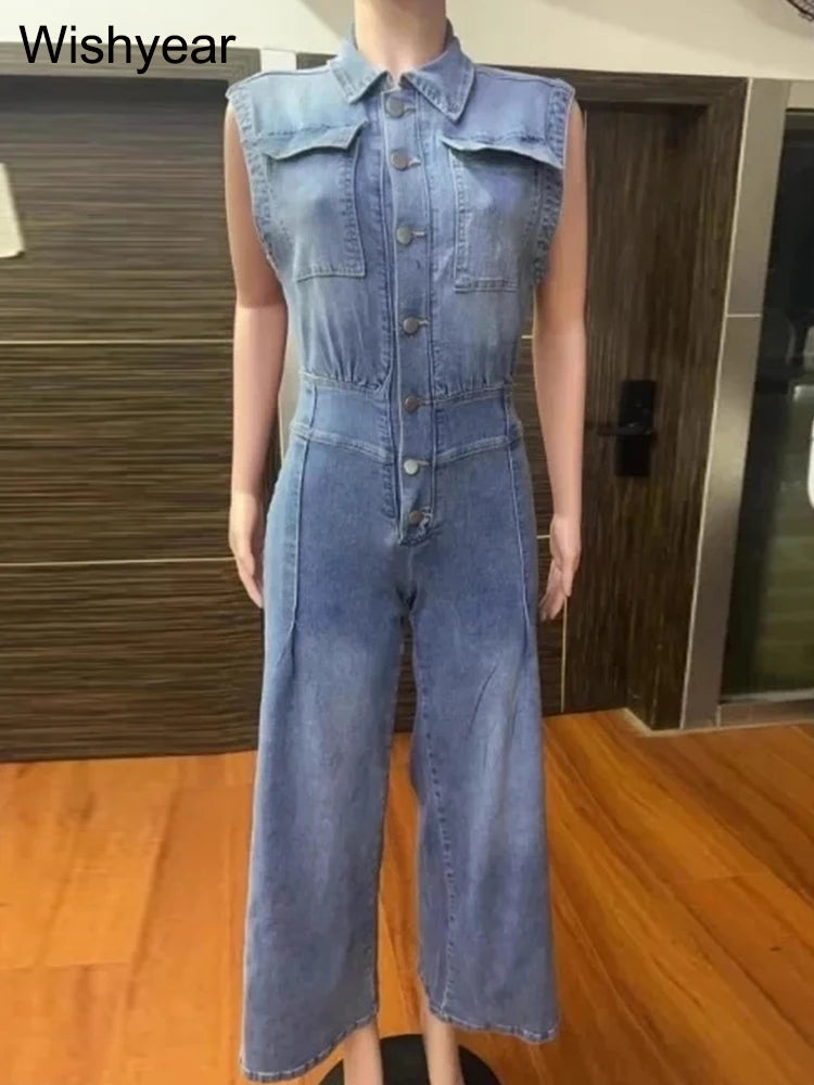 Vintage Loose Denim Wide Leg Pants Jumpsuit Women Pocket Sleeveless Single Breasted Baggy Jean One Piece Rompers Street Overalls