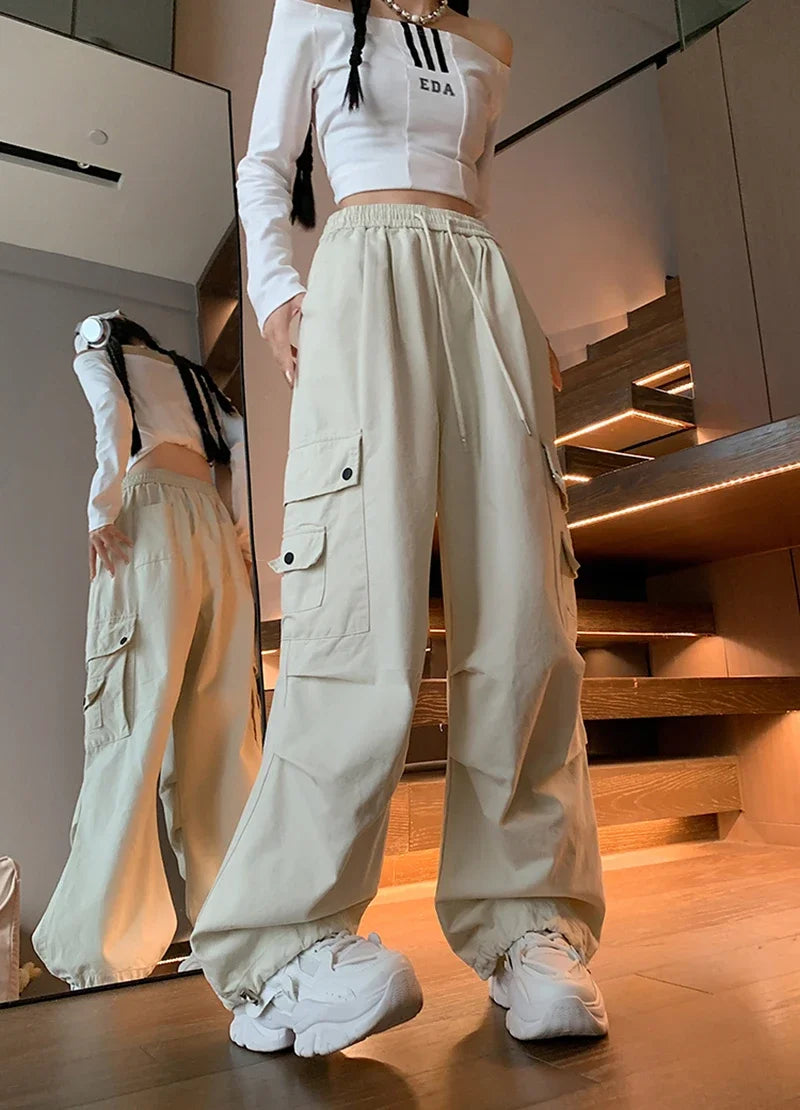 Y2K Cargo Pants Women Harajuku Oversized Sweatpants Black Pockets Wide Leg Joggers Streetwear High Waist Baggy Sports Trousers