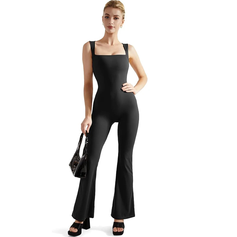 Women's Sleeveless Bodysuit Flared Pants  Square Neck Full Seasons Casual Fitness Playsuit Sleeveless  Streewear Jumpsuits  Lady