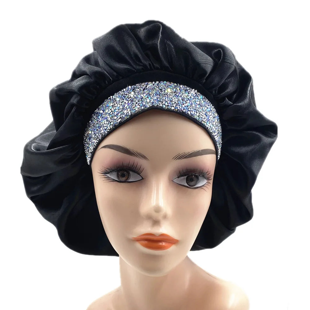 Glitter Rhinestone Wide Band Turban Women Hair Cover Satin Night Sleep Cap Bonnet Head Scarf Headwrap African Hat