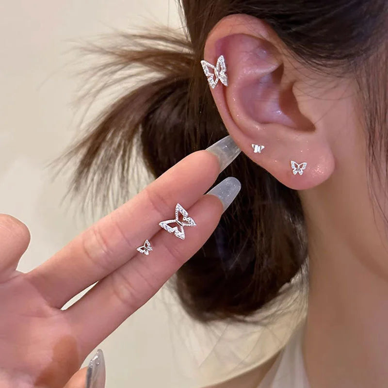 Korean Fashion Cute Butterfly Stud Earrings Set Girls Heart Bow Knot Sparkling Zircon Ear Studs Women Wedding Party Jewelry Gift