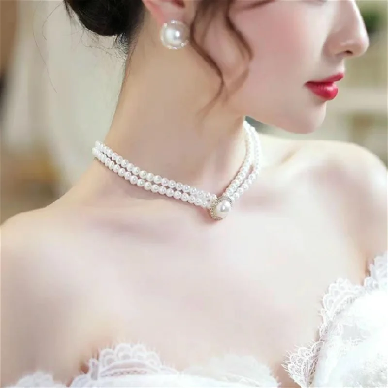 Elegant Big White Imitation Pearl Necklace Earring Ring Jewelry Set Crystal Jewelry Fashion Wedding Bridal Accessory Set Gifts