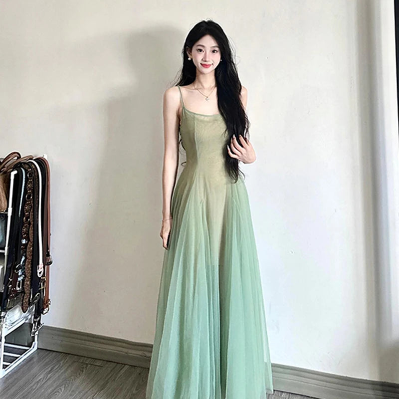 Women Mesh Spaghrtti Strap A-line Holiday Seaside Summer Princess Long Dress