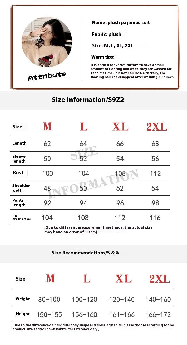 2pcs/Set Large Size Padded Thickened Warm Fall And Winter Women's Pajamas Long-Sleeved Long Pants Set Coral Velvet Cartoon Bear