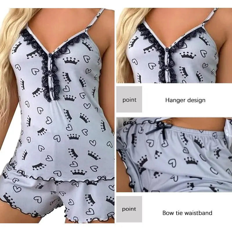 Sexy Summer Two Pieces Women Pajamas Set Deep V-Neck Tops And Shorts Pajama Suit Ladies Sleeveless Nightwear For Female