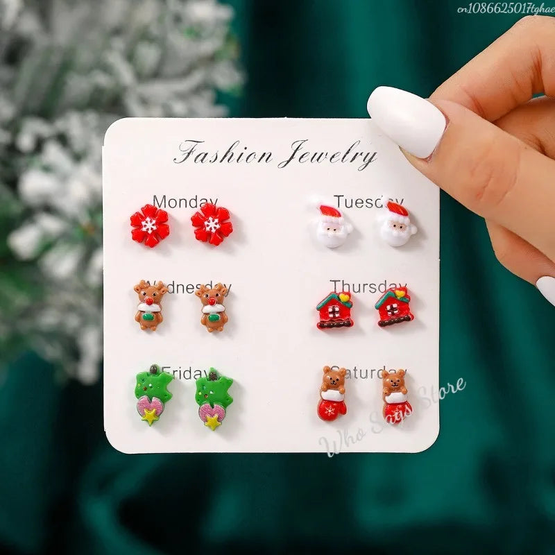 6 Pairs/Set Christmas Stud Earring For Women Cute Cartoon Resin Snowflake Santa Claus Elk Earrings Girl Party New Year Jewelry