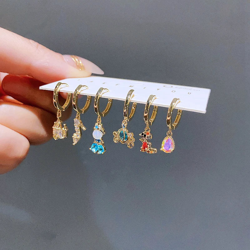 New Arrival Colorful Crystal Fairy Tales Hoop Earrings Set for Women Gold Color Huggies Jewelry