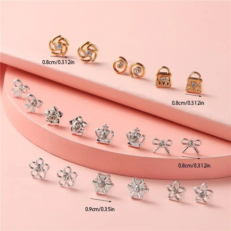 Trendy Gold/Silver-color 36 Pairs/lot Female Flower Love Small Stud Earrings Set For Women Geometric Crystal Plastic Ear Jewelry