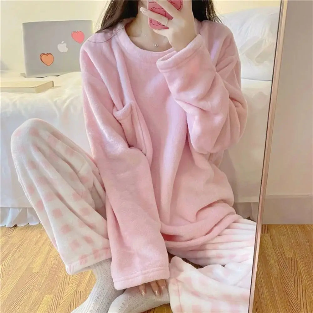 Fleece Thick Warm Women's Pajamas Set Winter Sleepwear Casual Solid Top and Plaid Pants Soft Pijamas Set for Women Home Suit