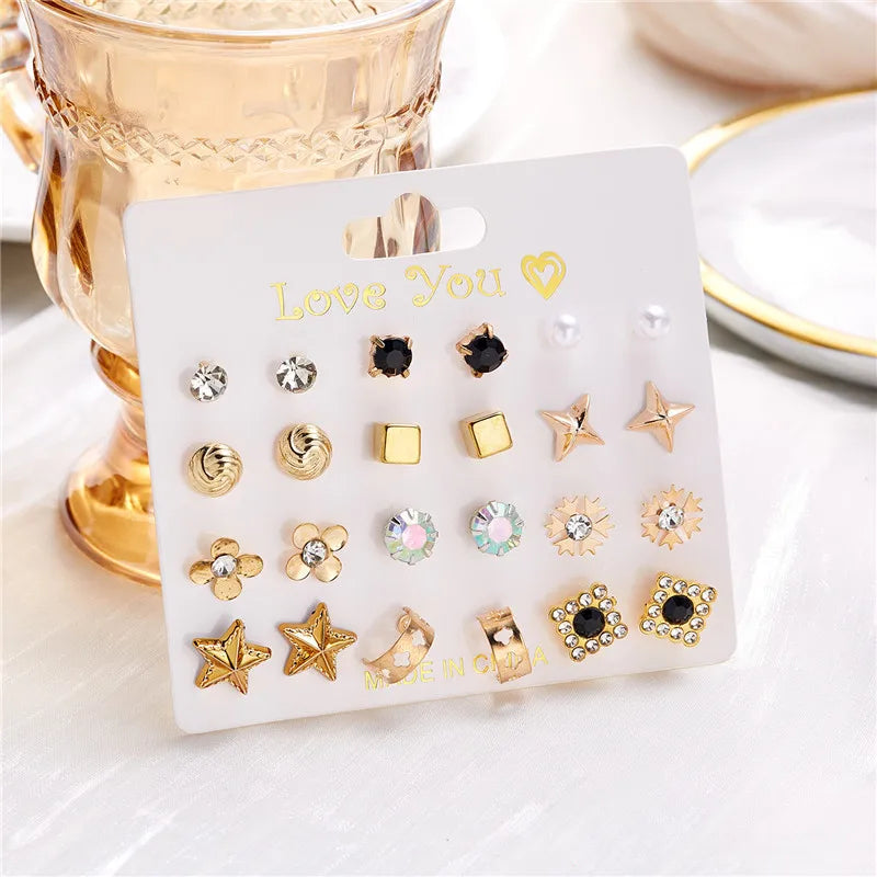 12 Pairs/Set Imitation Pearl Sun Star Flower Bow Heart Zircon Combination Paper Card Stud Earrings Set Fashion Geometric Earring