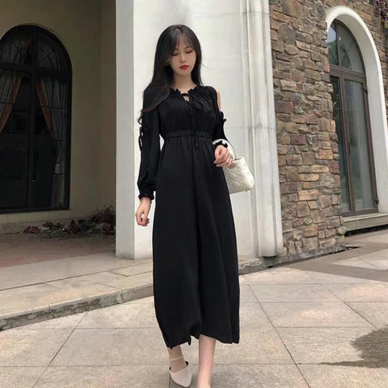 Long Sleeve Front Lace-up Cut-out Women Autumn Casual Chic A-line Long Dress New Year's And Christmas Red Dress