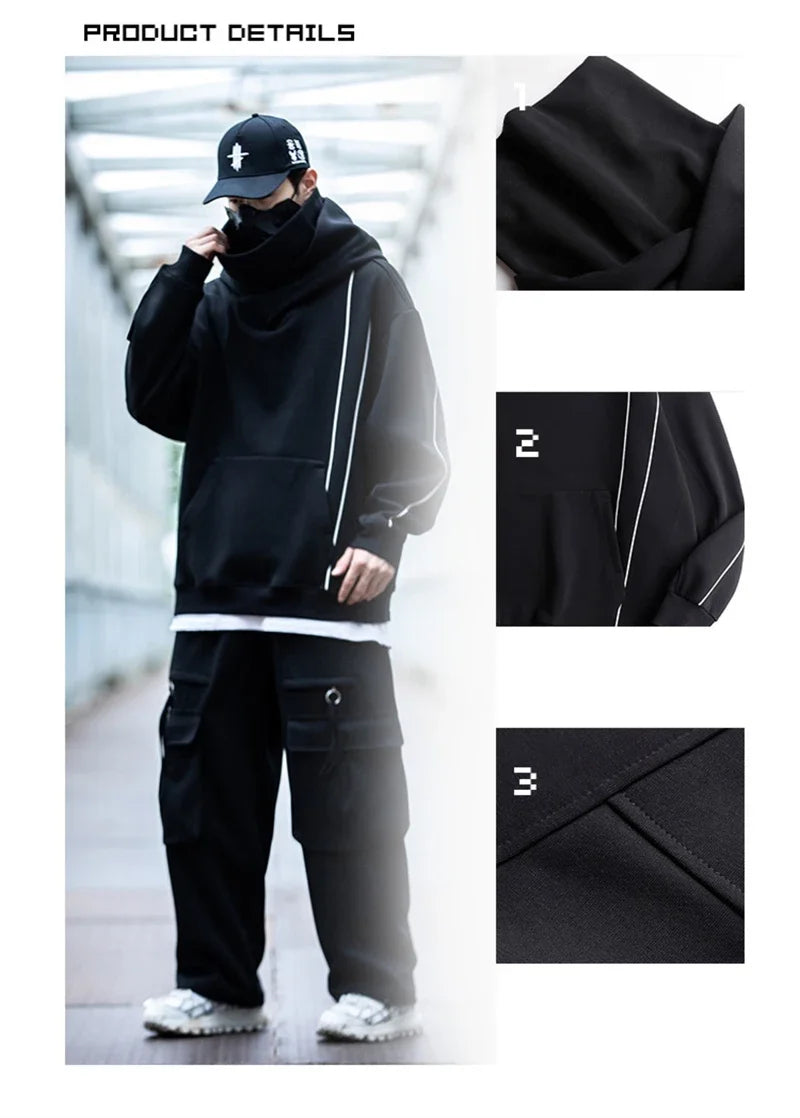 Autumn Windbreaker Turtleneck Hooded Sweatshirts For Men New Ninja Oversized Hoodies Women Line Print Y2K Streetwear Hoodie