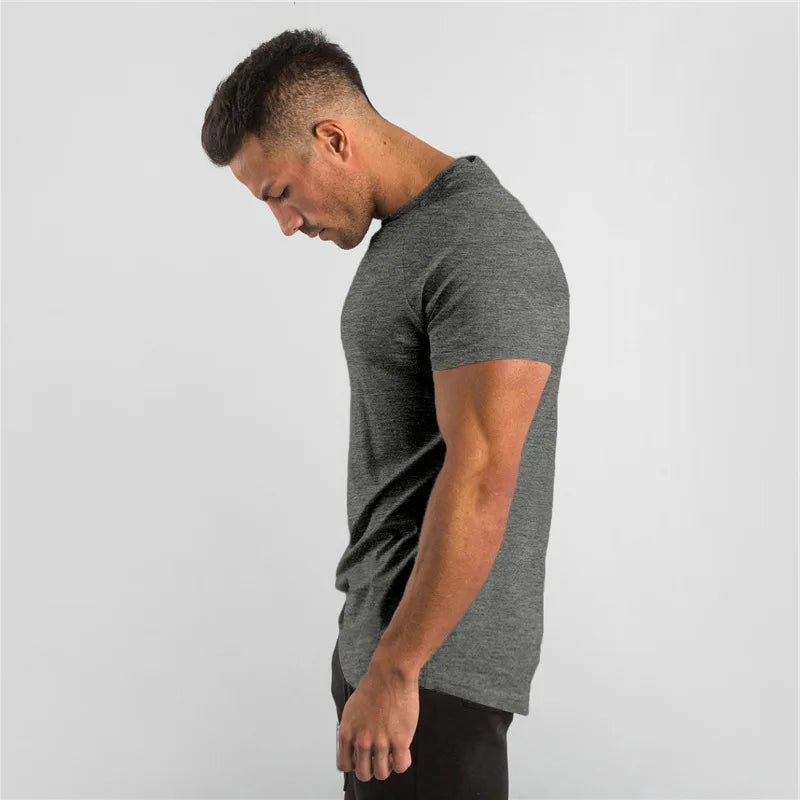 Cotton Plain Tops Tees Fitness Mens T Shirt Short Sleeve Muscle Joggers Bodybuilding Tshirt Male Gym Clothes Slim Fit Shirt