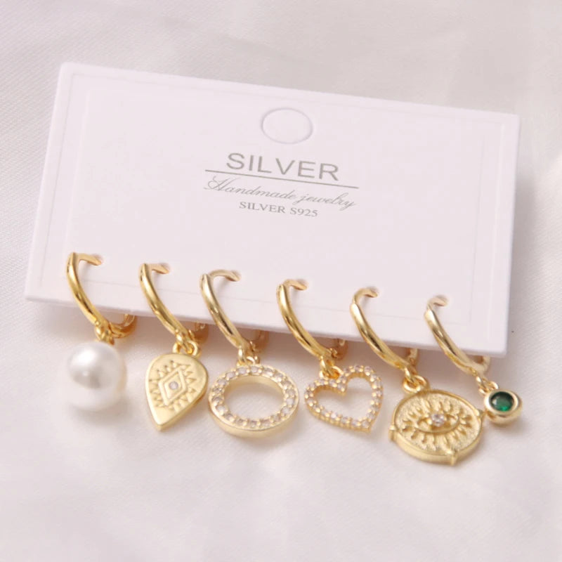 6 Pcs Fashion Exquisite Pearl Star Moon Enamel Zircon Dangle Ear Ring Set Korean Style Small Hoop Earring For Women Jewelry Gift