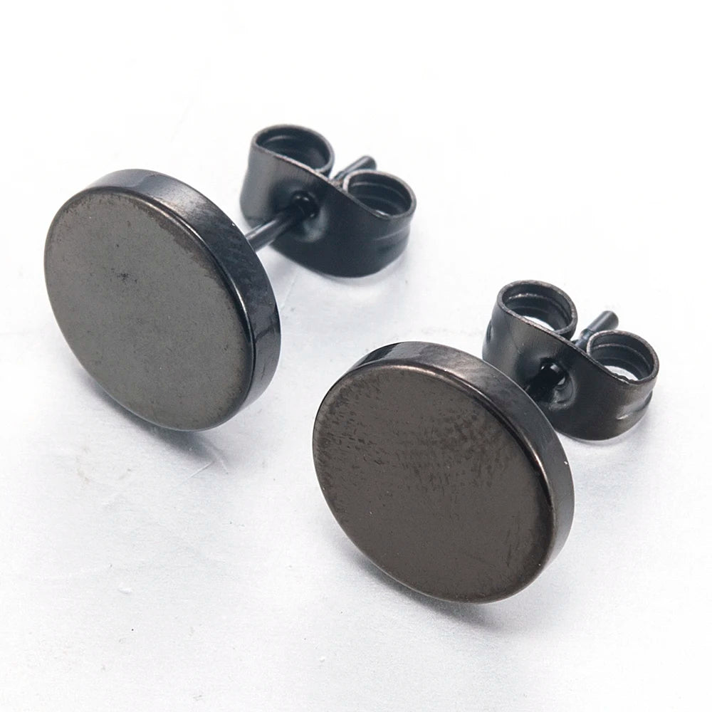 Fashion Women Men Black Round Stainless Steel Simple Ear Studs Earrings 5 Size Punk Earring Jewelry