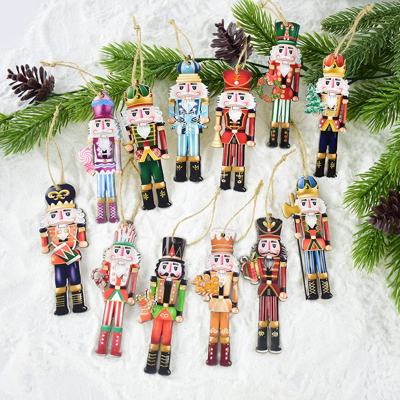 12Pcs Christmas Nutcracker Wooden Ornaments Nutcracker Soldier Wood Pendants Xmas Tree Hanging Decoration For Home 2025 New Year