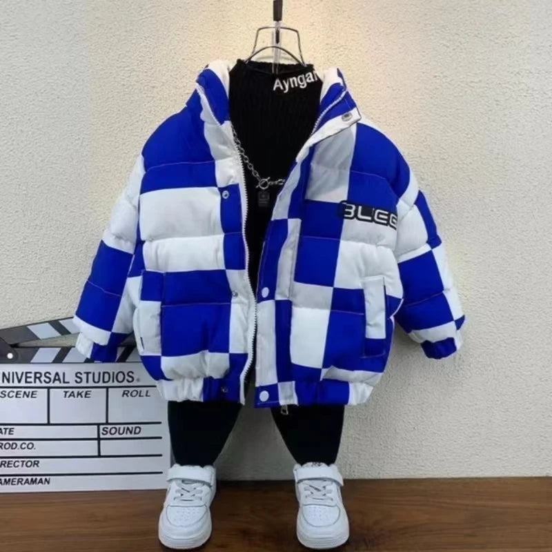 Children's Plaid Collar Down Jacket, Cotton-Padded Jacket, Short Style, Boys and Girls