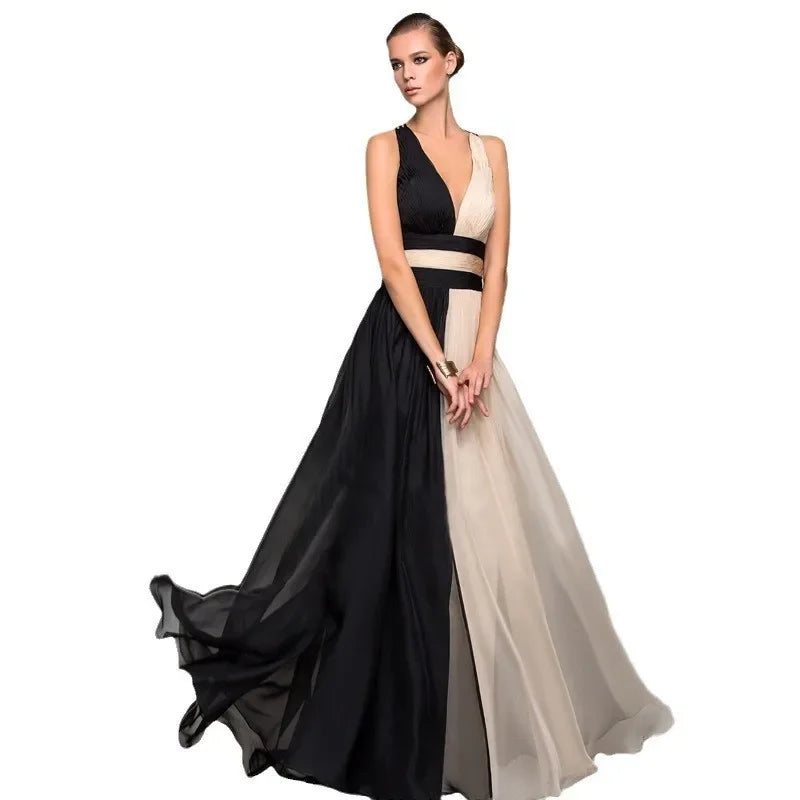 Elegant High Waist Maxi Dress Women Fashion Gradient Patchwork Black Party Evening Dresses Chic Sleeveless Pleated Long Vestdios