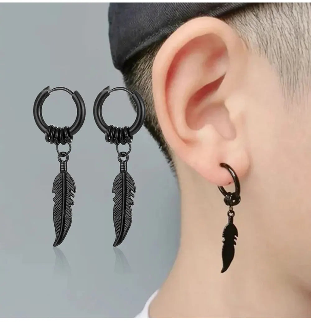 2pc korean Fashion Cross feather Stud Earrings Punk Rock Style For Women men High Quality Stainless steel Hiphop Ear Jewelry