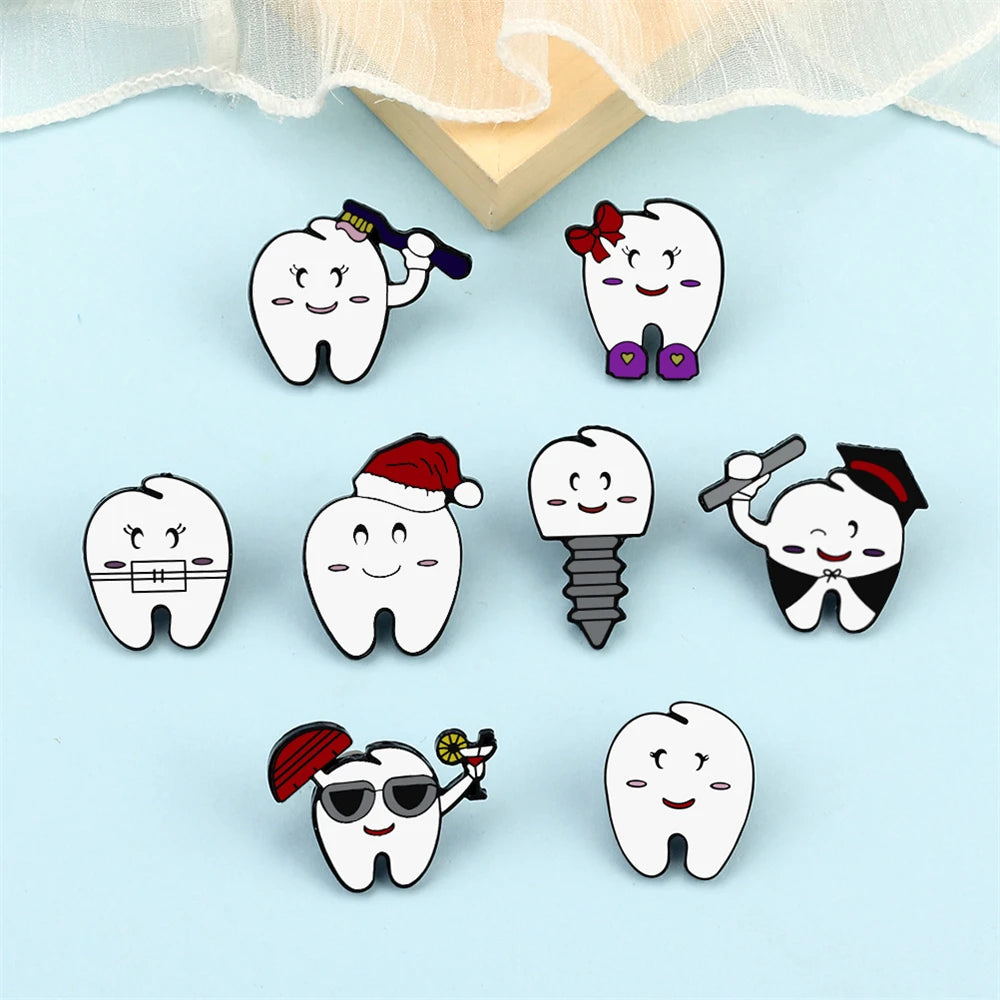 Cartoon Teeth Collection Brooch Protect Tooth Enamel Pins Cute Smile Dentist Badge Jewelry Bag Lapel Metal Pin Jewelry Kids Gift