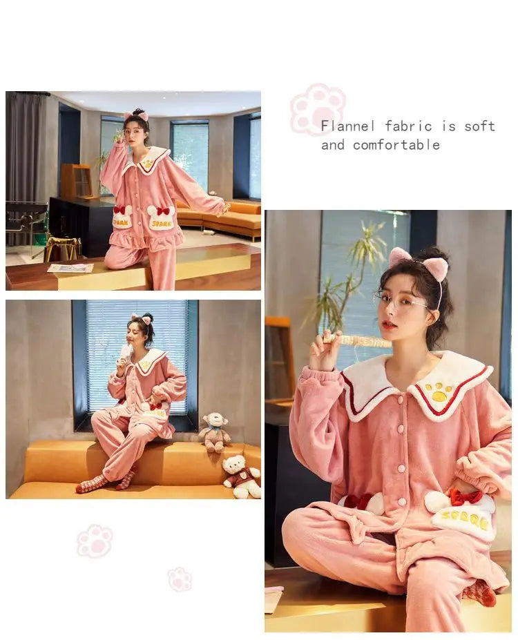 Anime Kuromi Pajamas Pants Suit Sanrioed Women Cute Kawaii Spring Winter Cardigan Plush Coral Fleece Cute Cartoon Warm Homewear