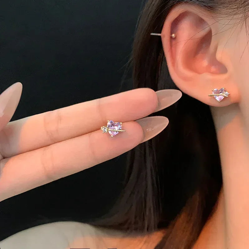 Fashion Jewelry Gift Sweet Hypoallergenic Zircon Stud Earrings For Women Teen Shiny Heart Crystal Ear Piercing