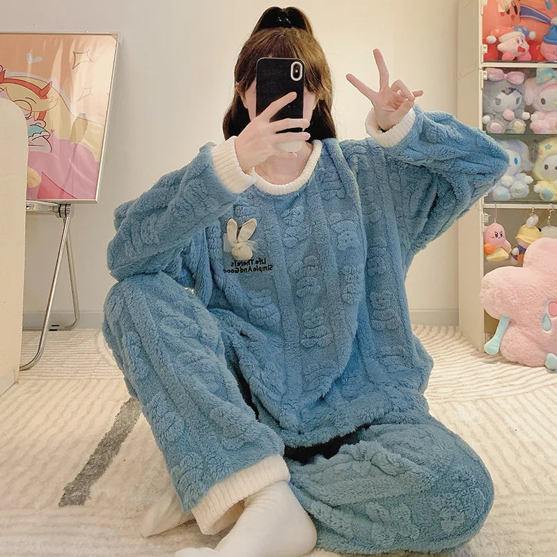 5XL Cartoon Coral Fleece Pajamas Women Plus Size Winter Thickened Student Loungewear Can Be Worn Outside Long Sleeve Sleepwear