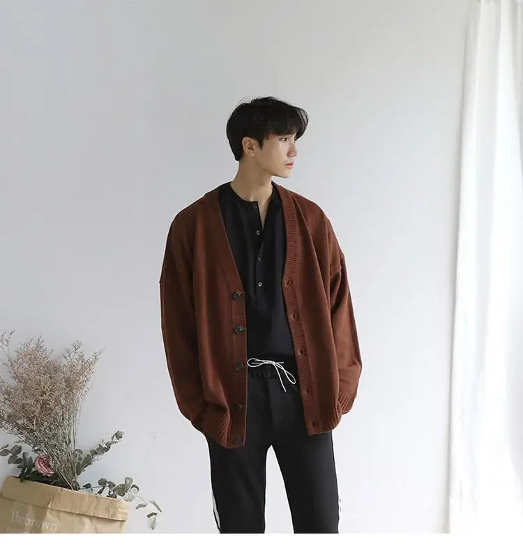 New Men's Clothing V-neck Single-breasted Men's Wear Knitted Sweater Loose Solid Color Knitted Cardigan Coat  Autumn