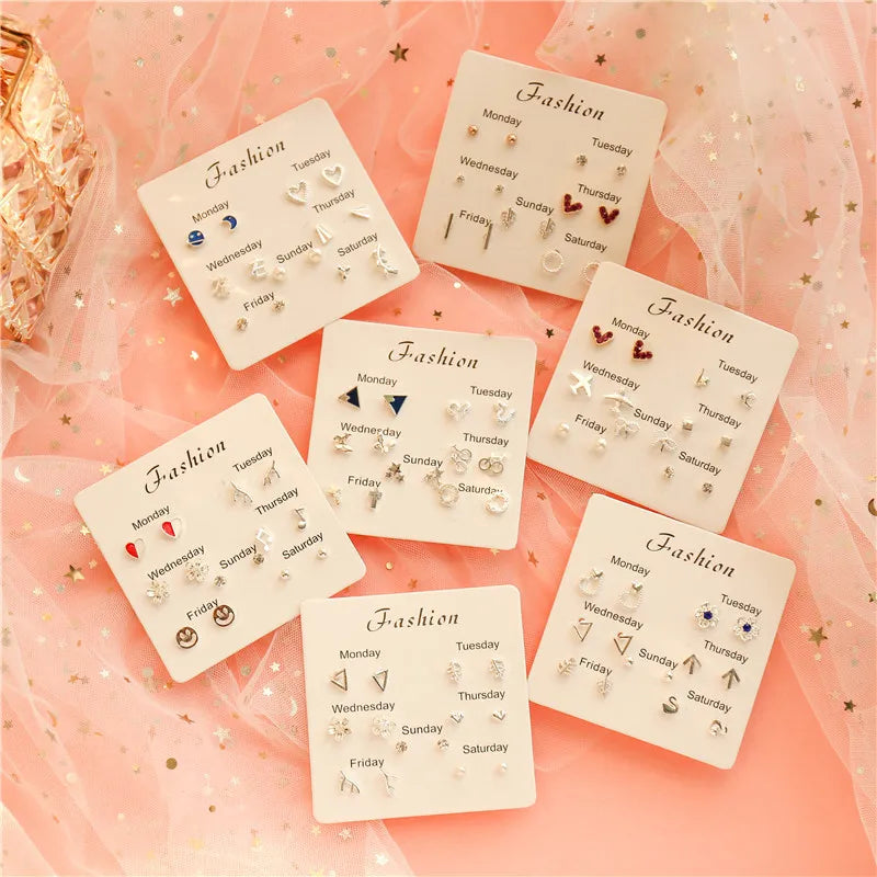 Cute 6/7Pair Set Butterfly Heart Stud Earrings for Women Girl Exquisite Party Dailywear Jewelry Birthday Gift Simple Accessories