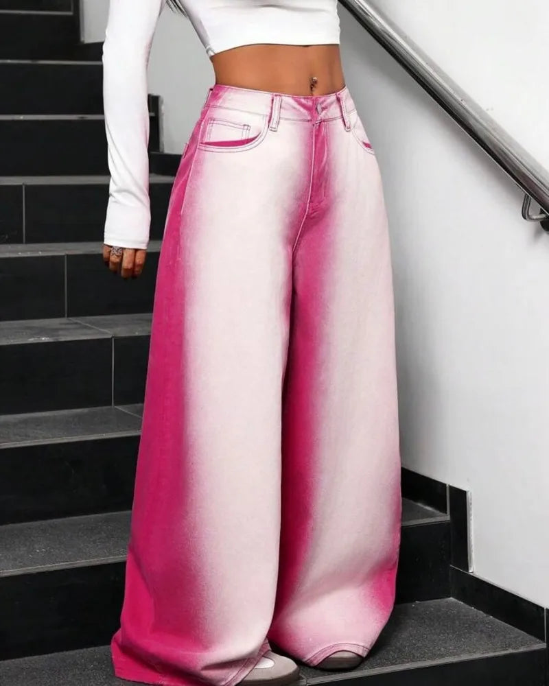 Y2K Fashion New Washed Jean Pink Gradient Vintage Harajuku Style High Waist Wide Leg Pant Womens Casual Baggy Hip Hop Streetwear