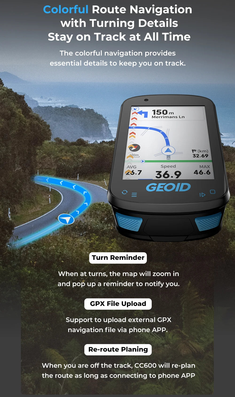 GEOID CC600 Bike Computer Wireless Smart Navigation Bicycle Speedometer Automatical WIFI ANT Odometer IPX7