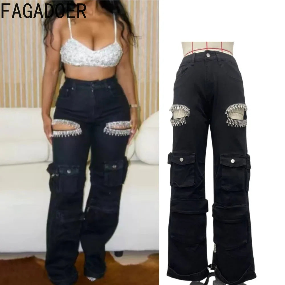 FAGADOER Retro Hollow Out Denim Pants Women Rhinestone Patchwork Cargo Pocket Jeans Hot Girl Y2k Streetwear Bottoms 2025 New