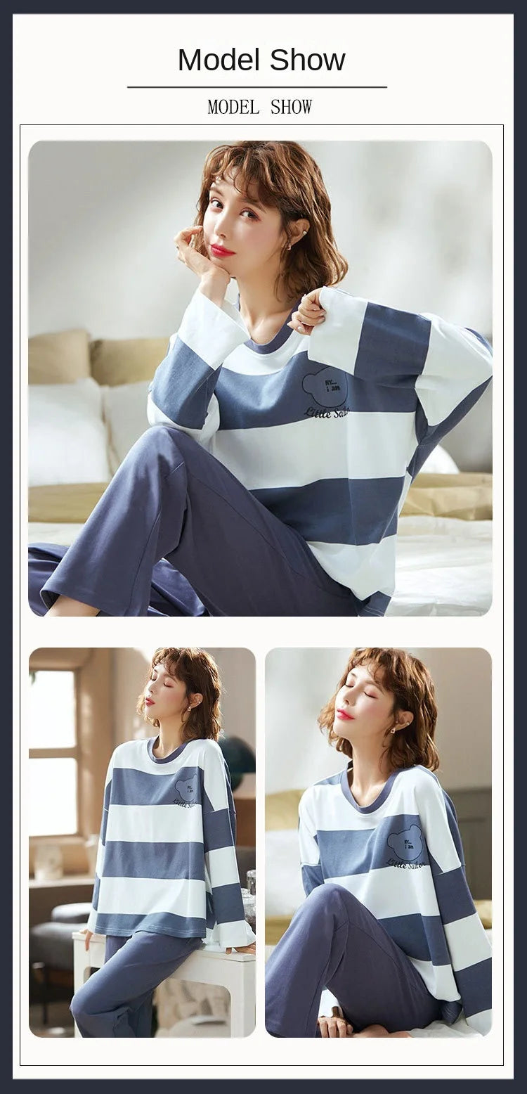 Women Sleepwear Korean Version Round Neck Top Long Trousers Homewear Two-Piece Set Striped Plaid Ladies Nightwear Loungewear