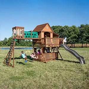 Wood Swing Set, Upper and Lower Deck, Sandbox, Vented Tunnel, Rock Climbing Wall