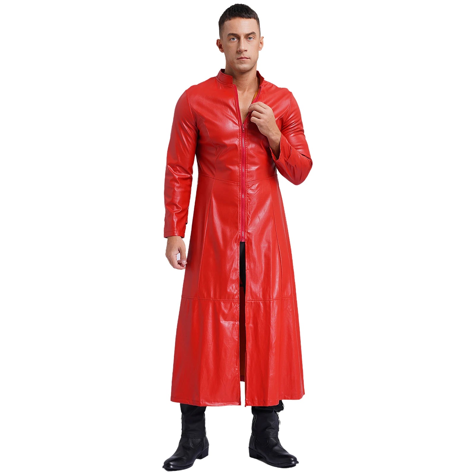 Mens Steampunk Faux Leather Trench Coat Stand Collar Zipper Long Sleeve Outerwear Windproof Jackets Overcoat Gothic Clothes 2024