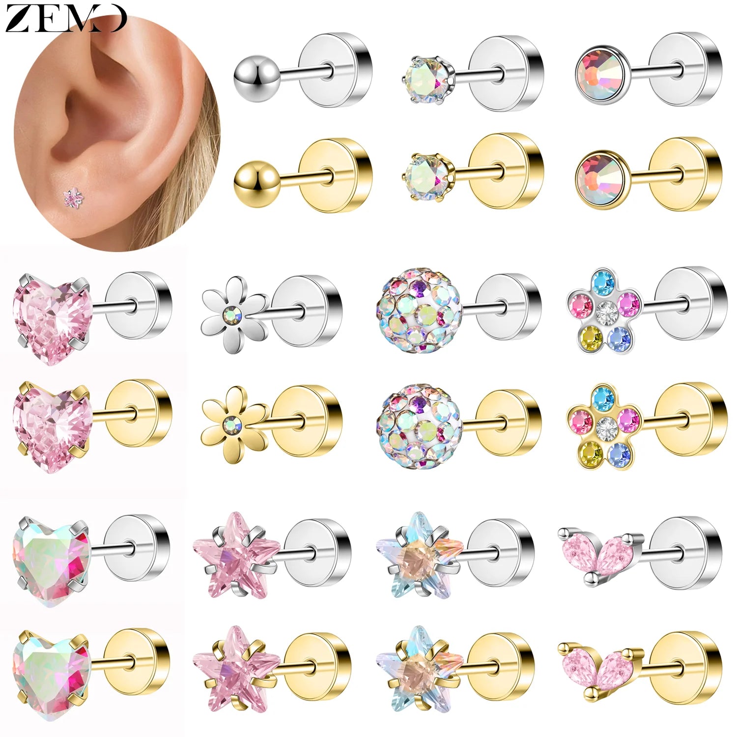 ZEMO 1 Piece 20G Stainless Steel Stud Earrings Women Girls CZ Crystal Ear Studs Flat Back Flower Heart Helix Cartilage Piercings