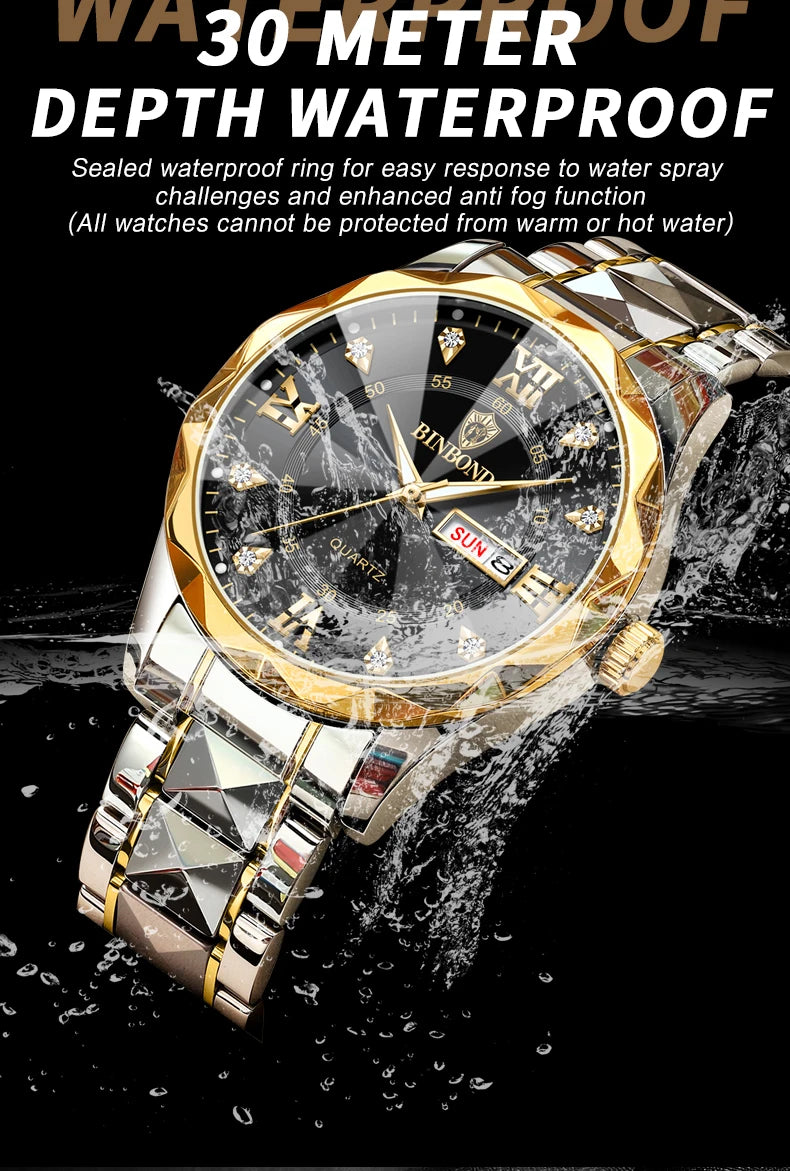 BINBOND Top Brand Luxury Fashion Quartz Watch Men Waterproof Week Date Clock Stainless Steel Sport Watch Men Quartz Wristwatch