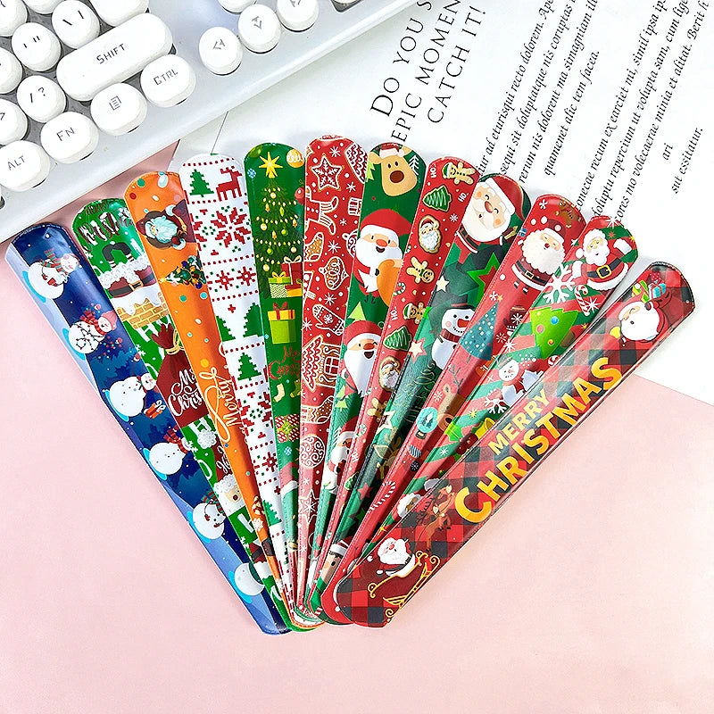 12Pcs Christmas Slap Bracelets Santa Claus Snowman Xmas Tree PVC Wristband Kids New Year Party Gifts For Guests 2025 Navidad