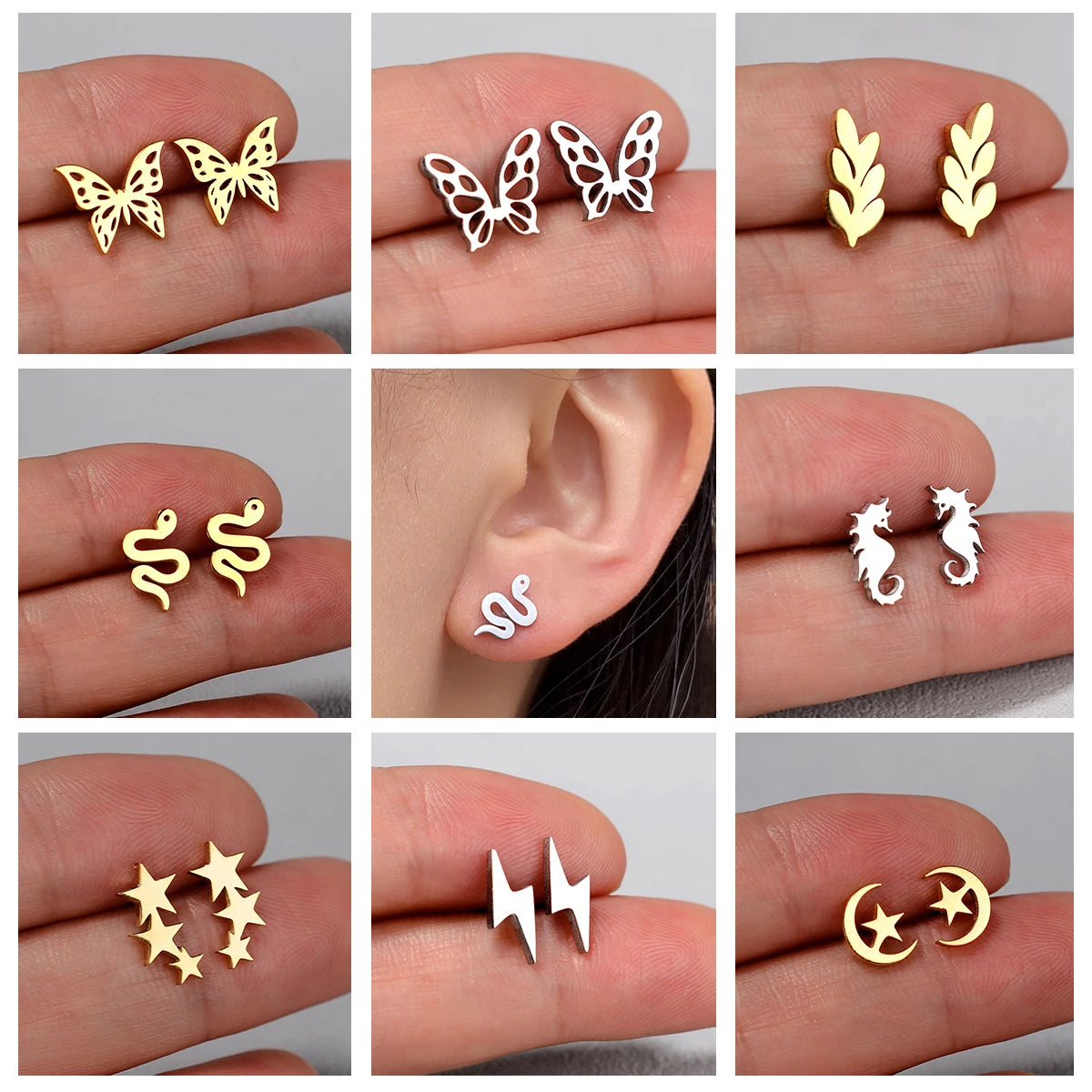 2 Pcs Stainless Steel Small Studs Earring Gold Color Star Moon Butterfly Snake Mini Earring for Women Men Piercing Ear Jewelry