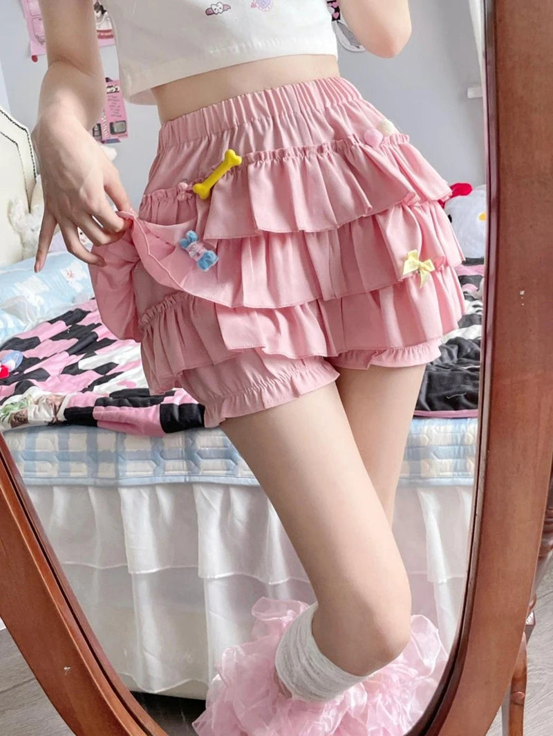 MEXZT Y2K Sweet Ruffles Mini Skirt Women Kawaii Lolita Bow A Line Skirts Harajuku Japanese High Waist Pink White Ball Gown Skirt