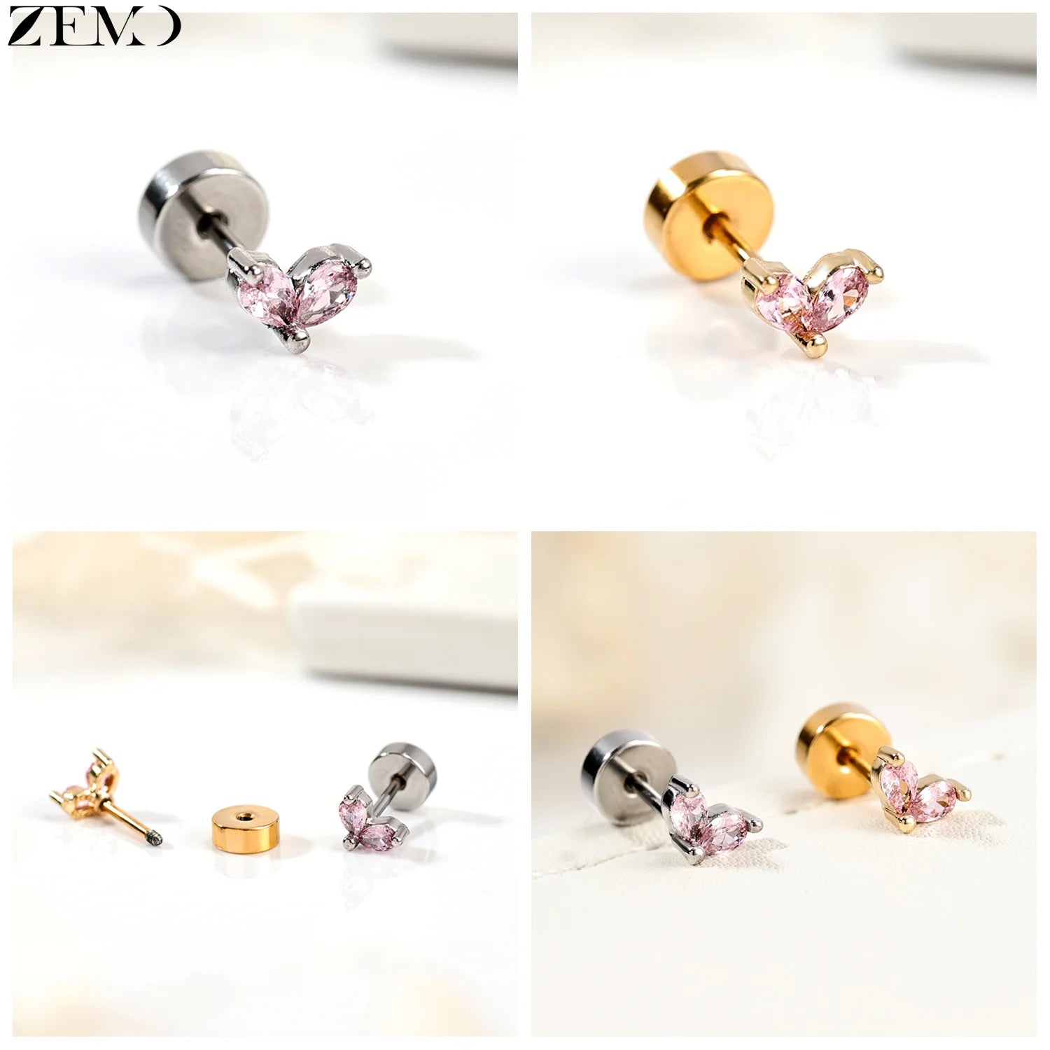 ZEMO 1 Piece 20G Stainless Steel Stud Earrings Women Girls CZ Crystal Ear Studs Flat Back Flower Heart Helix Cartilage Piercings