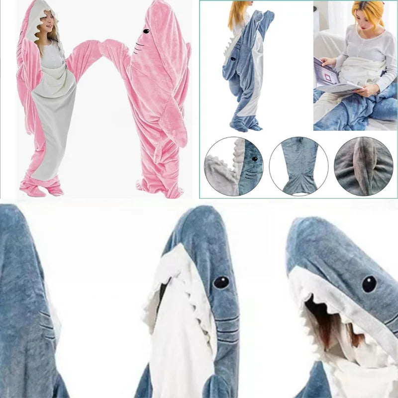 Thickened Warm Winter Shark One-Piece Pajamas Cartoon Animal Sleeping Bag Flannel Loungewear Men and Women Sleepwear Homewear