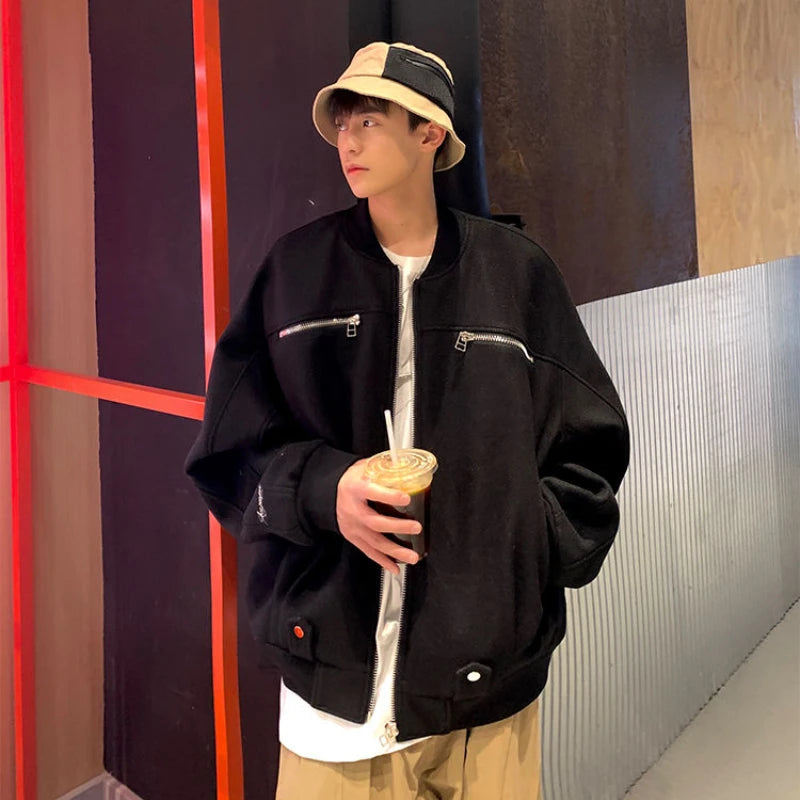 Brown Zipper Woolen Jacket Men's Light Luxury High Street Baseball Uniform Coat 2023 Autumn Winter Oversize Punk O-neck Jacket