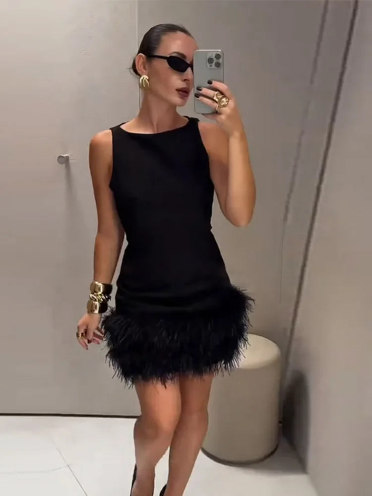 Sleeveless Feather Short Dress Black Women Socialite Party Evening Gown Round Neck Slim Fit Plush Ladies Fashion Slimming Dress