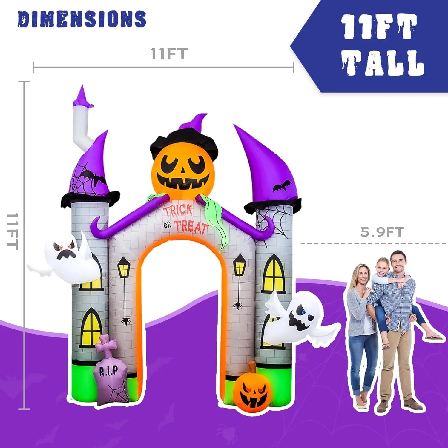 11FT Giant Halloween Inflatables Pumpkin Castle Archway with Ghost and Trick or Treat LED Lights 2024 Outdoor Blow up Haunted Ho