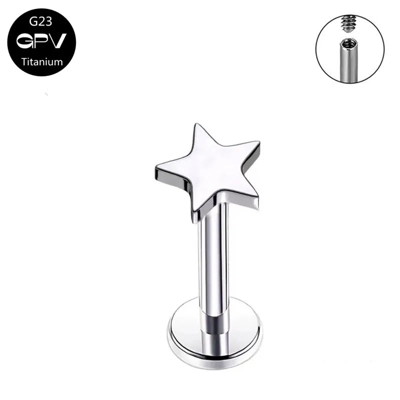 G23 Titanium F136 Stud Internal Thread Star Love Moon Cross Top Screw Piercing Ear Cartilage Nail Piercing Jewelry