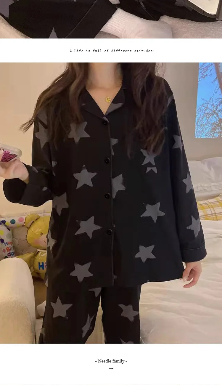 Star Full Print Pajamas for Women Spring and Summer New Long Sleeve Black High-end Home Wear Women's Pajamas Nightwear Sleepwear