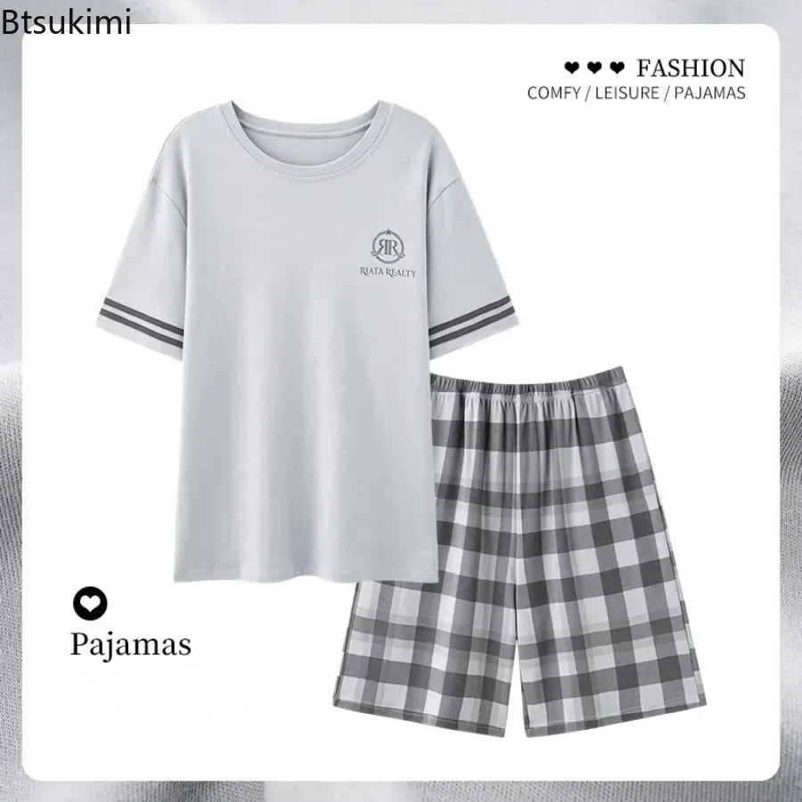 2024 New Men's Summer Short Sleeve Shorts Pajamas Sets Fashion Printed Loose Lounge Home Suit Men Simple Casual Cotton Sleepwear